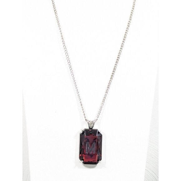 Red Rhinestone Initial Letter M Rectangle Solitaire Pendant necklace Silver Tone - Picture 2 of 8